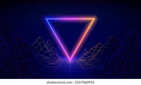 Retro futuristic abstract background. Synthwave 80s style, neon color, laser grid. Shining triangle, mountain. 3d dark blue backdrop, digital template. Starry sky background, mesh grid floor. Vector