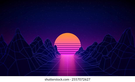 Retro futuristic abstract background. Synthwave 80s style, neon color, laser grid. Sun, mountain. 3d dark blue backdrop, digital template. Starry sky background, mesh grid floor. Vector