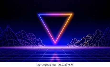 Retro futuristic abstract background. Synthwave 80s style poster. Neon triangle, laser grid, wireframe mountain. 3d digital backdrop, music template. Starry sky background, mesh grid floor. Vector