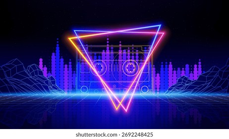 Retro futuristic abstract background. Synthwave 80s style poster. Neon triangle, 3d laser grid, audio signal waveform, compact cassette, wireframe mountain, mesh floor. Music template. Vector