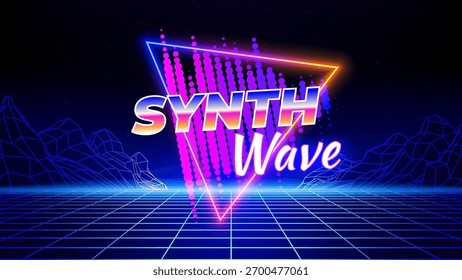Retro futuristic abstract background. Synthwave 80s style poster. Neon triangle, 3d laser grid, audio signal waveform. Music template. Wireframe mountain, mesh floor. Starry sky background. Vector