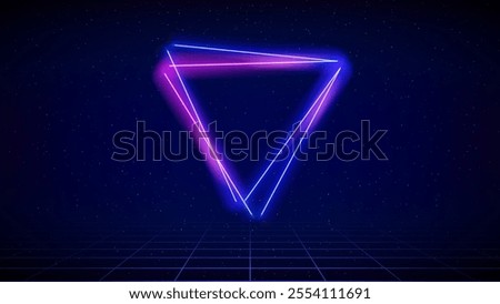 Retro futuristic abstract background. Synthwave 80s style, neon color. Shining triangle, laser, neon grid. 3d dark blue backdrop, digital template. Starry sky background, mesh grid floor. Vector