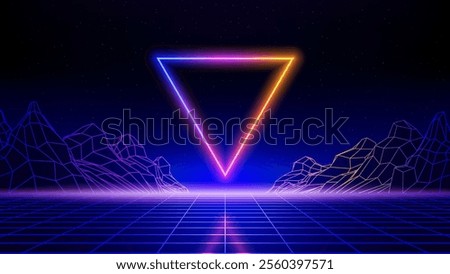 Retro futuristic abstract background. Synthwave 80s style poster. Neon triangle, laser grid, wireframe mountain. 3d digital backdrop, music template. Starry sky background, mesh grid floor. Vector