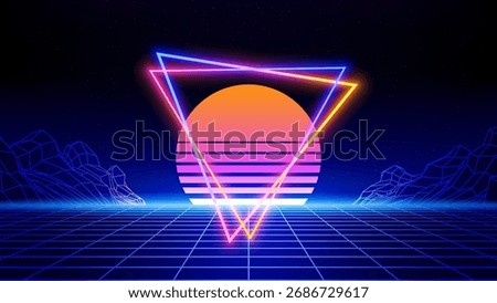 Retro futuristic abstract background. Synthwave 80s style poster. Neon triangle, 3d laser grid, sun, moon, wireframe mountain. Music template. Starry sky background, mesh floor. Vector