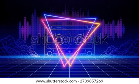 Retro futuristic abstract background. Synthwave 80s style poster. Neon triangle, compact cassette, 3d laser grid, audio signal waveform, wireframe mountain, mesh floor. Music template. Vector