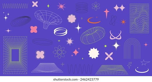 Retro futuristic abstract geometric shapes and wireframes set. Vector bold elements and perspective grids. Trendy y2k style symbols on bright background