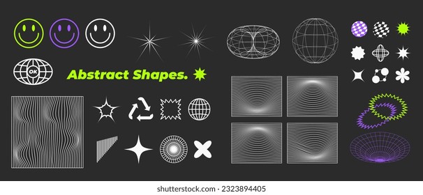 Retro futuristic abstract geometric vector minimalistic shapes, Modern trendy brutalism, extraordinary graphic elements of geometrical 3d shapes, wireframe, cyberpunk perspective grids Vaporwave.