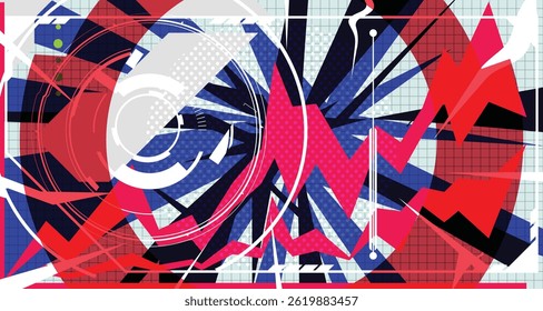 Retro Futuristic Abstract Graffiti Background Bold Wireframe Elements and Modern Comic Style Shapes