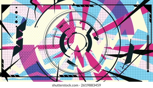 Retro Futuristic Abstract Graffiti Background Bold Wireframe Elements and Modern Comic Style Shapes