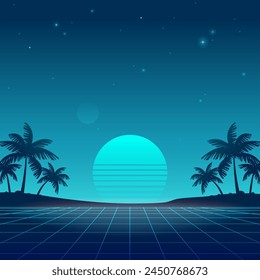 Retro futuristic abstract landscape with blue grid background of glowy sky sunset and palms silhouette on the neon beach - square vector illustration for Synthwave music and poster party banner design