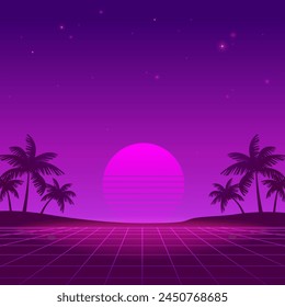 Retro futuristic abstract landscape with purple grid background of glowy sunset and palms silhouette on the neon beach - square vector illustration for Synthwave music and poster party banner design