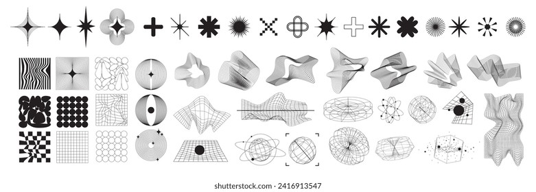 Retro futuristic abstract shapes set, vector cyberpunk grid design element, wave lines, star, sphere. Future digital space wireframe icon kit, techno modern vibrant object poster. Futuristic shapes