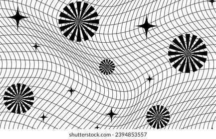 Retro Futuristic abstract Wavy Grid and Geometric Shapes Seamless Pattern. Wireframe Avant-Garde Print in Black and White Colors. Polygonal 3d Surface, Vector Illustration.