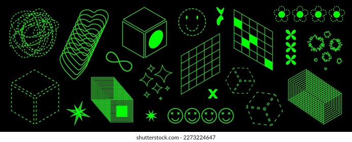 Retro futuristic acid set. Vector illustration of perspective objects, 3d cubes, digital geometric shapes and signs.