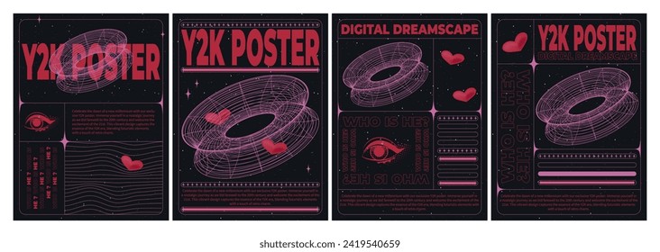 Retro futuristic aesthetic flyers set. Vector realistic illustration of y2k vibe black background posters with pink wireframe torus, red heart, eye icons, retrowave art banners, vintage collage