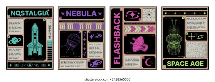 Retro futuristic aesthetic posters set. Vector illustration of retrowave style banners with wireframe space rocket, satellite, radar, planet globe icons on black background, y2k vibe flyer templates