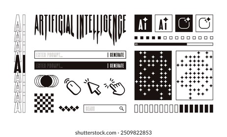 Elemento de diseño de interfaz de usuario de Botón AI futurista retro. Gráfico en blanco y negro para computadora de escritorio, interfaz de usuario de página de Web. Botón del App, barra de carga y Ilustración vectorial del motor de búsqueda.