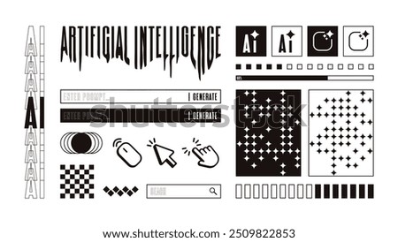 Retro futuristic AI button user interface design element. Black and white graphic for desktop computer, web page UI. App button, loading bar and search engine vector illustration.