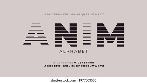 Retro futuristic alphabet fonts in 80s style. Sci-fi monohromic abstract type in Retrowave, synthwave style. Modern minimalistic typeface composed of stripes