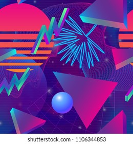 Retro futuristic background 1980s style. Retro 80s fashion Sci-Fi Background  in bright neon colors. Synth retro wave  seamless pattern.