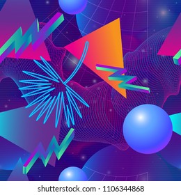 Retro futuristic background 1980s style. Retro 80s fashion Sci-Fi Background  in bright neon colors. Synth retro wave  seamless pattern.