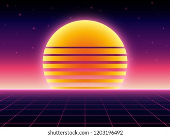 Retro futuristic background 1980s style. Digital landscape in a cyber world. Retro Wave music album cover template with sun, space, mountains and laser grid on terrain.