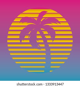 Retro futuristic background 1980s style. Digital palm tree on a cyber ocean in the computer world. Retro Wave music album cover template with sun, palm, island and laser grid ovr the ocean.