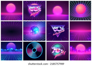 Fondo retro futurista al estilo de los años 80. Conjunto de ilustraciones retro para el diseño de papel pintado o cubierta de vinilo. Ilustración del vector