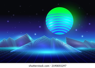 Retro futuristic background 1980s style. Digital landscape in a cyber world. Retro Wave music album cover template with mountainand laser grid on terrain.