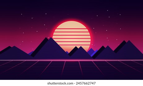 Retro futuristic background 1980s style. Digital landscape in a cyber world.space, mountains and laser.