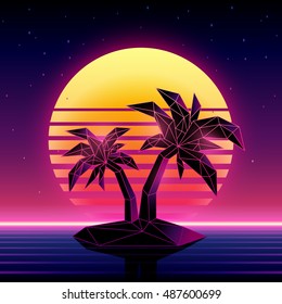 Fondo retro futurista estilo años 80. Árbol de palma digital en un ciberocéano en el mundo de las computadoras. Plantilla de portada de álbum de música Retro Wave con rejilla solar, de palma, isla y láser sobre el océano.