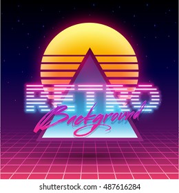 Retro futuristic background 1980s style. Synth Wave music album cover template with sun, space, abstract triangle and laser grid in outter space. Digital illustration of cyber world.