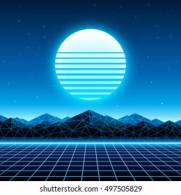 Retro Futuristic Background 1980s Style. Digital Landscape In A Cyber World. Retrowave Music Album Cover Template With Sun, Space, Mountains And Laser Grid On Terrain.