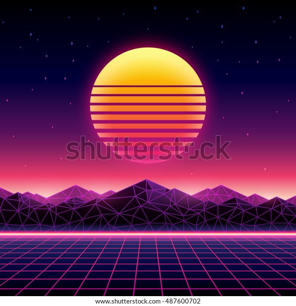 Retro futuristic\
background 1980s style. Digital landscape in a cyber world. Retro\
Wave music album cover template with sun, space, mountains and\
laser grid on terrain.
