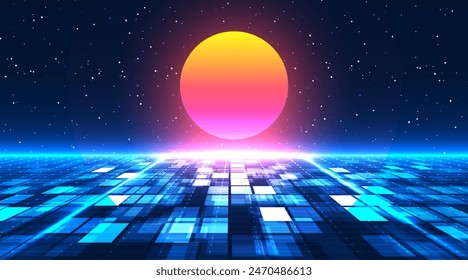 Retro futuristic background. Digital landscape cyber concept