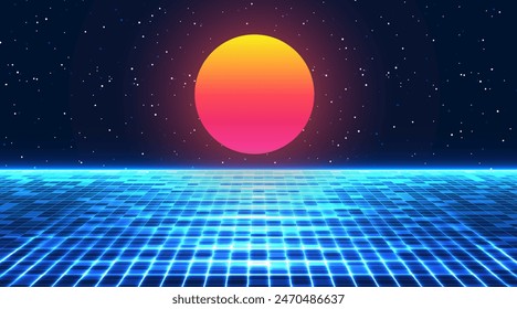 Retro futuristic background. Digital landscape cyber concept