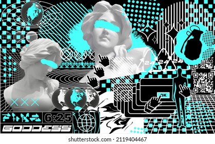 Retro futuristic background with girl statues. In techno style, with glitch effects, vector surreal illustration