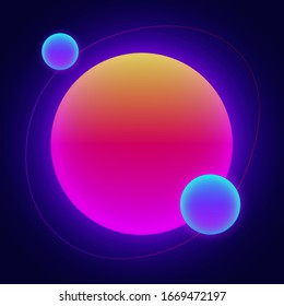 Retro futuristischer Hintergrund mit Neongradientenformen. Abstrakter Hintergrund mit geometrischen, hellen Formen in Orange, Rosa und Blau. 80er Jahre inspirierte Vorlage für Ihr Poster, Flyer Design. Vektorillustration
