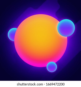 Retro futuristic background with neon gradient shapes. Abstract background with geometric bright shapes in orange, pink and blue colors. 80s inspired template for your poster, flyer design. Vector