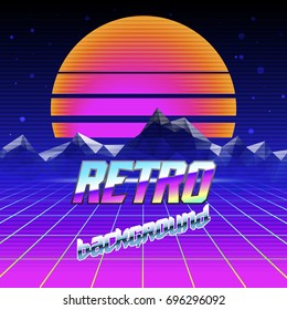 Retro futuristic background with Sunrise, stars, mountains and laser grid on terrain. Illustration in 1980s posters style. Suitable for any print design. Digital landscape in a cyber world. 