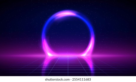 Retro futuristic background. Synthwave 80s style, neon color. Shining circle of space portal, laser, neon grid. 3d dark blue backdrop, digital template. Starry sky background, mesh grid floor. Vector