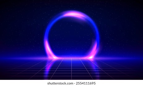 Retro futuristic background. Synthwave 80s style, neon color. Shining circle of space portal, laser, neon grid. 3d dark blue backdrop, digital template. Starry sky background, mesh grid floor. Vector