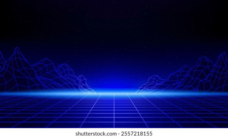 Retro futuristic background. Synthwave 80s style, neon color. Laser, neon grid. Starry sky background, mesh, grid floor, mountain. Futuristic 3d dark blue backdrop, geometric sci-fi template. Vector