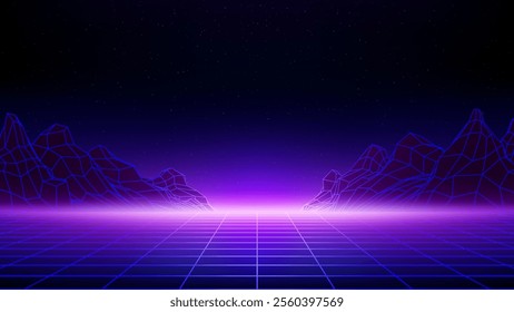 Retro futuristic background. Synthwave 80s style, neon color. Laser, neon grid. Starry sky background, mesh, grid floor, mountain. Futuristic 3d dark purple blue backdrop, sci-fi template. Vector