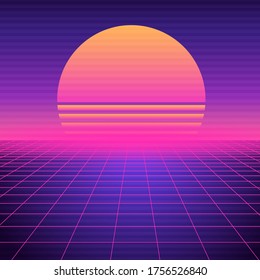 Retro futuristic background vaporwave. Neon geometric synthwave grid, light space with setting sun abstract cyberpunk design purple 80s disco fantastic vector graphic glow.