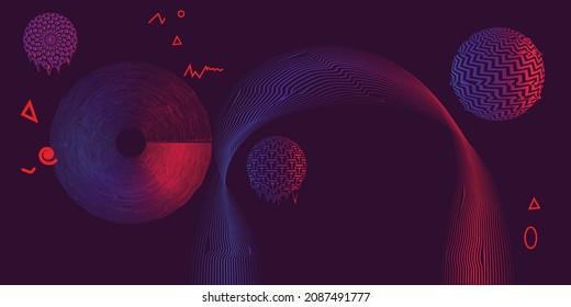 Retro futuristic background . Retro wave poster .Vector design composition with various geometric shapes . Abstract contemporary art . Digital cyber landscape . New modernism .
