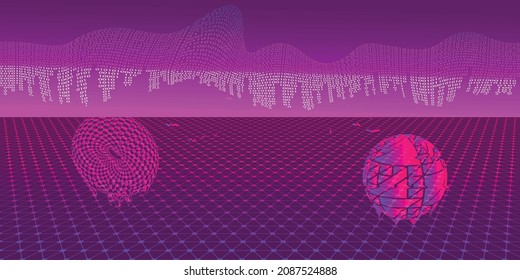 Retro futuristic background . Retro wave poster .Vector design composition with various geometric shapes . Abstract contemporary art . Digital cyber landscape . New modernism .