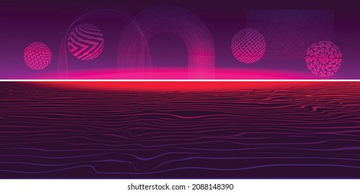 Retro futuristic background . Retro wave poster .Vector design composition with various geometric shapes . Abstract contemporary art . Digital cyber landscape . New modernism .
