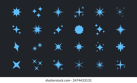 Retro futuristic bright vector blue icons collection. Set of original star sparkle shapes. Abstract shine effect vector sign. Glowing light effect, twinkle templates stars and bursts, shiny flash.