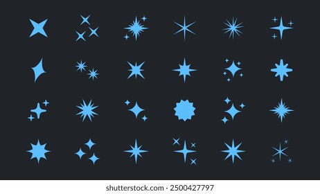Retro futuristic bright vector blue icons collection. Set of original star sparkle shapes. Abstract shine effect vector sign. Glowing light effect, twinkle templates stars and bursts, shiny flash.